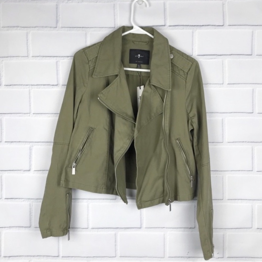 7 For All Mankind Army Green Cotton Quilted Moto Jacket Woman’s Size Large